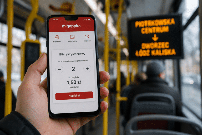 Migappka mpk łódź na ekranie telefonu pasażera
